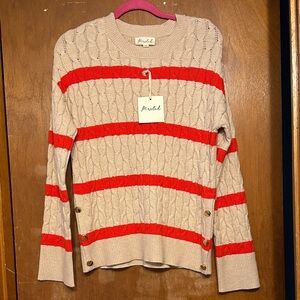 Marled Brand Oatmeal Cable-Knit Sweater with Bright Red Stripes